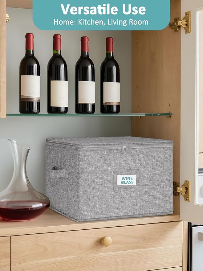 Cirhy Wine Glass Storage Box Hard Shell 10'' Tall Stemware Storage Containers for Moving Holds 24 Crystal Glasses &amp Flutes Stackable Glassware Chest with Dividers Grey (2-Pack)