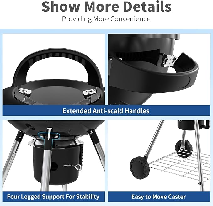 18.5-Inch Portable Charcoal Grill Heavy Duty Kettle BBQ Smoker with Built-in Thermometer &amp Removable Water-Rinsable Ash Catcher for Outdoor Camping Patio Backyard and Tailgating