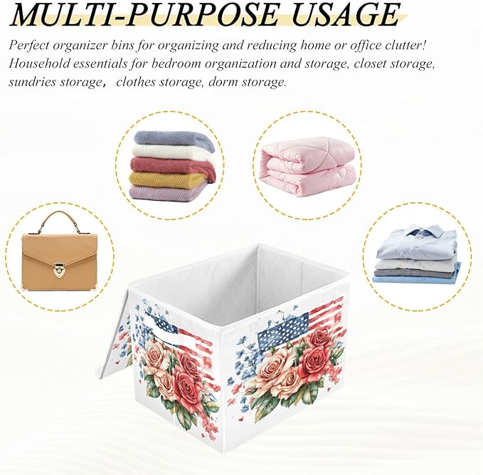 senya July Fourth Baskets Collapsible Storage Bins with Lids Roses Gypsophila Flag Storage Boxes Clothes Baskets for Organizing