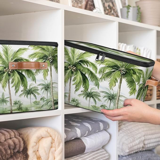 Palm Tree Storage Bins with Lids Tropical Trees Fabric Storage Boxes with Zipper Collapsible Decorative Closet Organizer Cube for Clothes Organizing Shelves
