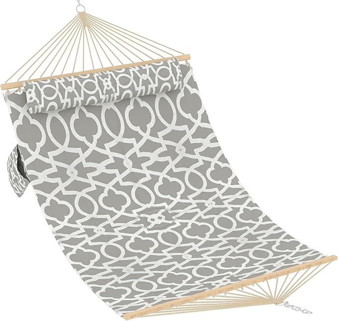 Hammocks 12 FT Double Quilted Fabric Hammock with Spreader Bar and Detachable Pillow 2 Person Hammock for Outdoor Patio Backyard Poolside 450lbs Weight Capacity