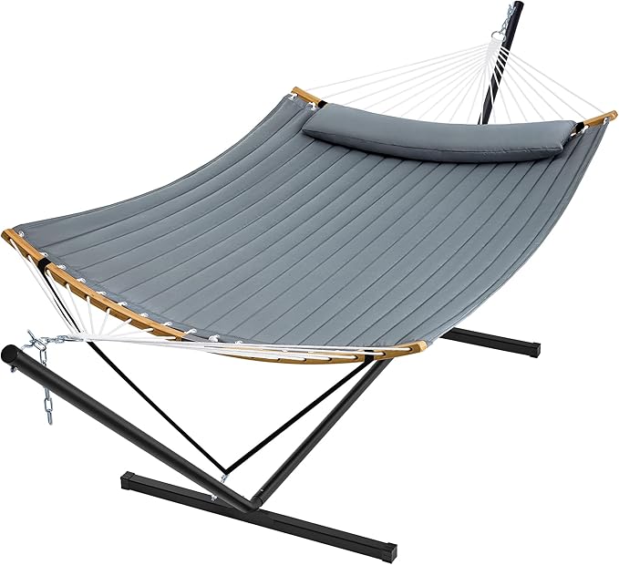SUPERJARE Hammock with Stand 2 Person Heavy Duty Hammock with Padded Cotton Detachable Pillow &amp Strong Curved-Bar &amp Portable Carrying Bag Perfect for Outdoor &amp Indoor Neutral Gray
