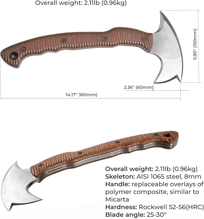 AncientSmithy Tactical Tomahawk Axe with Sheath Handmade Camping Hatchet for Survival (14.17 Three Spikes Hawk with Composite Handle)