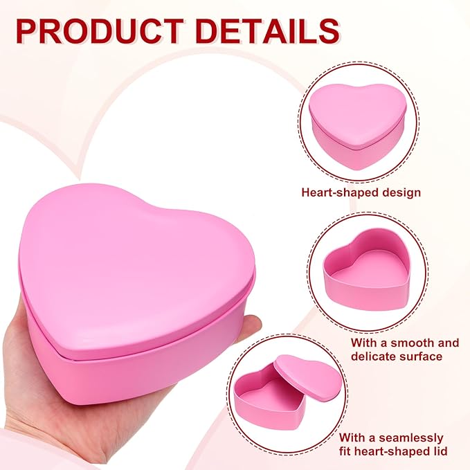 uxcell 6Pcs Heart Shaped Metal Tins Box Empty Candy Jars with Lids Favors Storage Containers for Valentine's Day Candles Wedding Parties Cookies Gifts Pink (12.5x11.5x4.5cm)