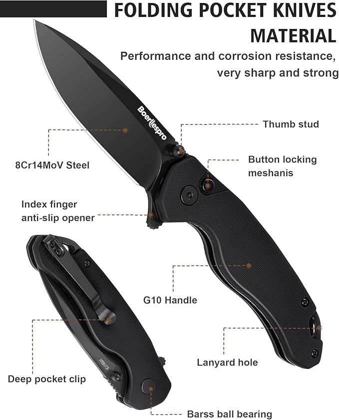 Pocket Knife – 2.99 8Cr14MoV Steel Blade G10 Handle | EDC Folding Knife with Pocket Clip for Men &amp Women | Sharp for Camping Fishing Hunting Tactical Use &amp Survival Hiking -Black