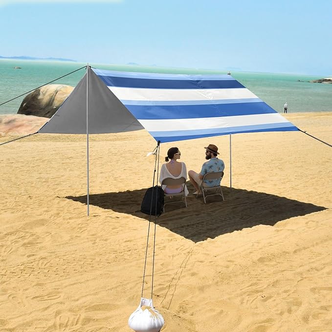 ALAZA Blue and Grey Stripe Beach Tent Sun Shelter Portable Canopy Sunshade for Outdoor Camping Picnics Backyard Fun 10x9 ft