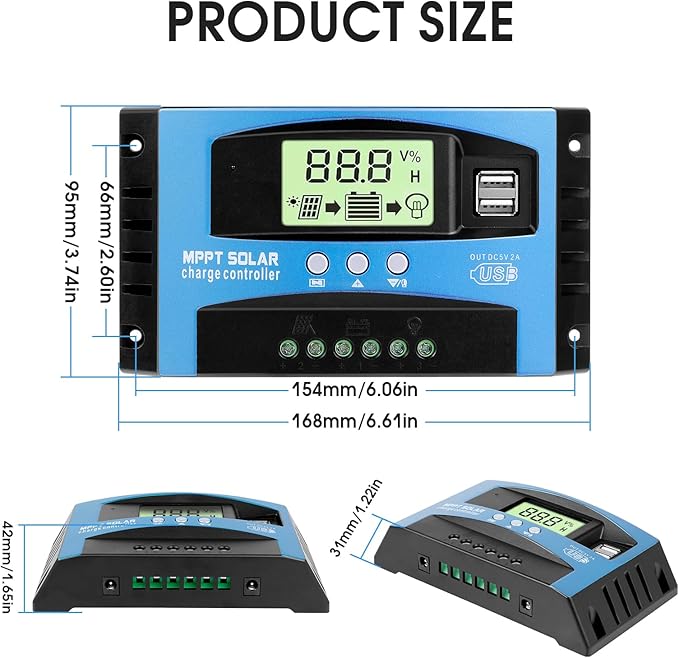 Solar Charge Controller MPPT 12/24V Auto-Switch Universal Controller for Lead-Acid &amp Lithium Batteries (60A)
