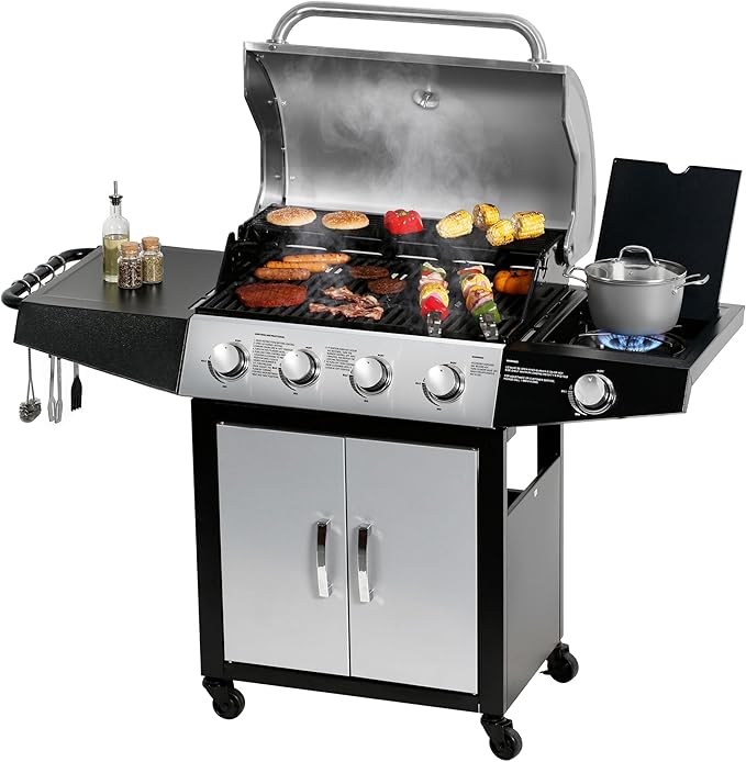 MASTER COOK 4+1 Burners Gas Grill 518 Sqin Cooking Area 52000 BTU Propane Grill with Side Burner Stainless Steel Cabinet Grill Silver &amp Black