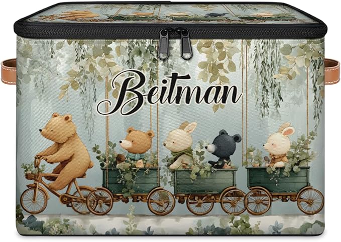 Storage-Bins with Lids Handle Customized Stackable-Storage-Bin for Kids-Boys-Girls-Toys Cube Collapsibl Basket Animals Bear