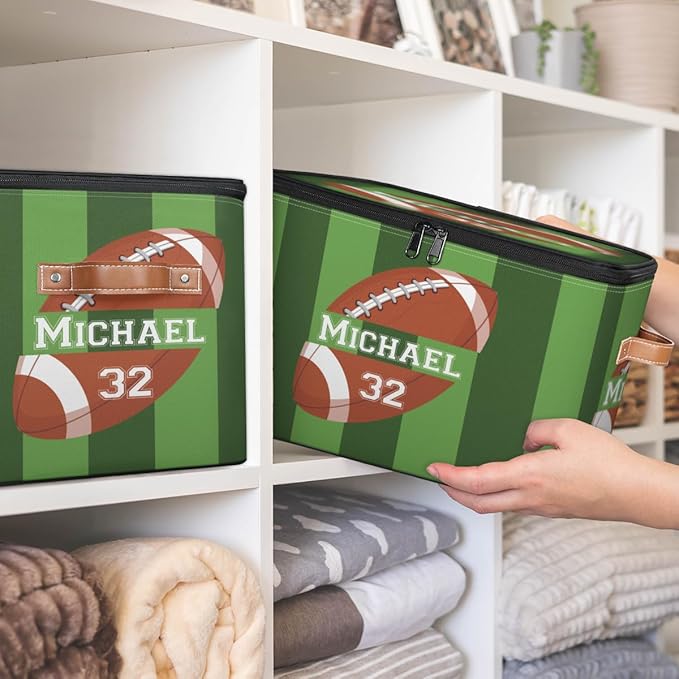 Custom Storage Bins with Zipper Lid Football Personalized Foldable Storage Baskets Green Stripes Closet Shelf Clothes Organizer Cube with PU Leather Handles