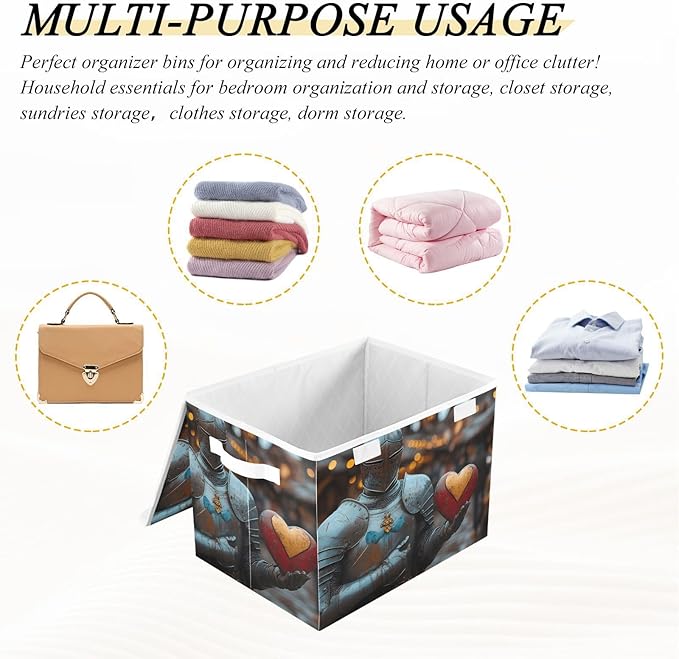 AIXIWAWA Lidded Storage Cube (Knight and Heart) Fabric Foldable Closet Bins with Flip Lid and Handles Organizer Basket Container 16.5 x 12.6 x 11.8 IN
