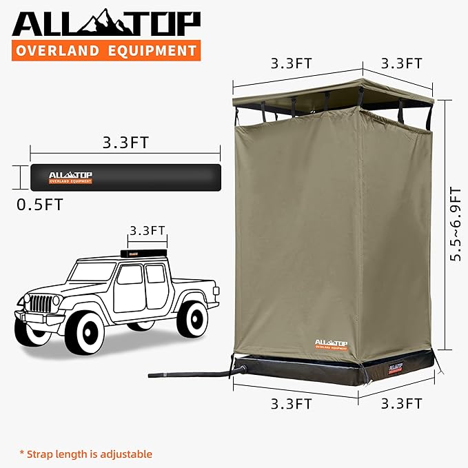 ALL-TOP Awning Shower Room w/Foldable Floor Mat 3.3ft x 3.3ft Privacy Shelter Restroom w/Roof LED Light Drain Pipe Carside Bathroom