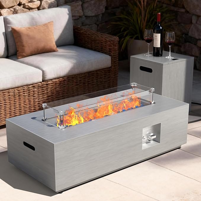 2-Piece 42 Rectangular Propane Fire Pit for Outside Patio with Hidden Tank Table 50000 BTU Fireplaces with Glass Wind Guard Lid Glass Rocks Cover(Light Grey)