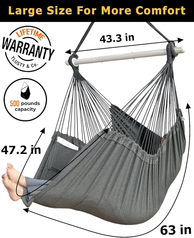 XXL Hammock Chair Hanging Rope Swing with 2 Cushions - Max 500lbs-Perfect for Patio Porch Bedroom Backyard Indoor or Outdoor - Includes Hanging Hardware Kits