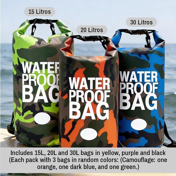 Waterproof Dry Bag Set of 3 (15L 20L 30L) - PVC Roll Top Dry Bags Waterproof - Backpack for Kayaking Camping Beach &amp Travel (Camouflage Orange Dark Blue Green)