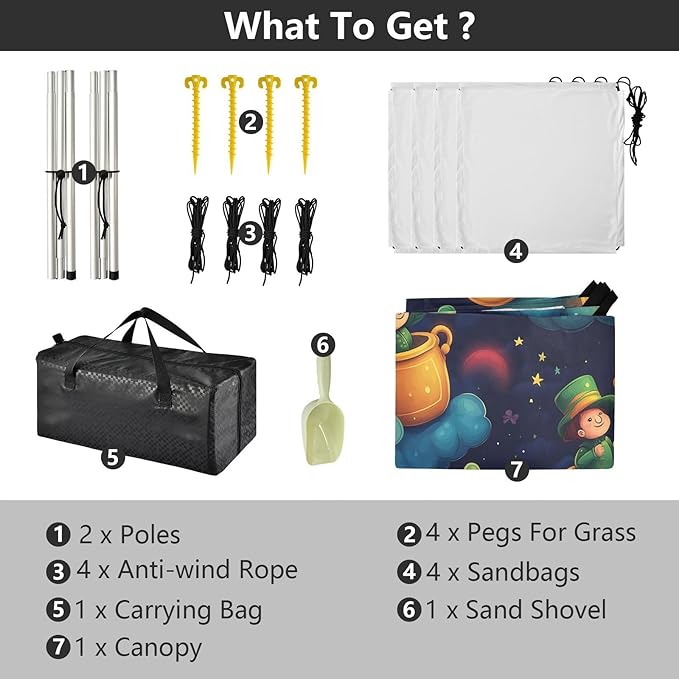 St Patrick's Rainbow Coins Leprechauns Beach Tent Sun Shelter Set UPF50+ UV Protection 10.5 x 9.19 FT Camping Shade Canopy with Sandbags Sand Anchors Carrying Bag and Others