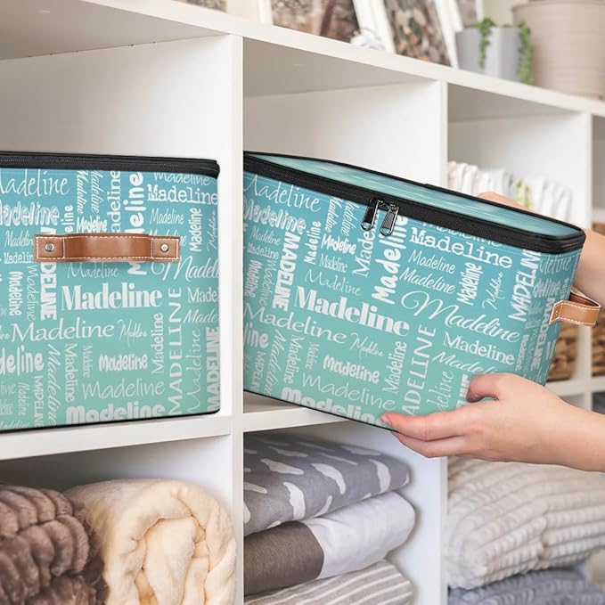 Custom Storage Basket with Name Personalized Keepsake Box with Zipper Lid Foldable Fabric Memory Bin Large capacity with Handle Grey Blue Green