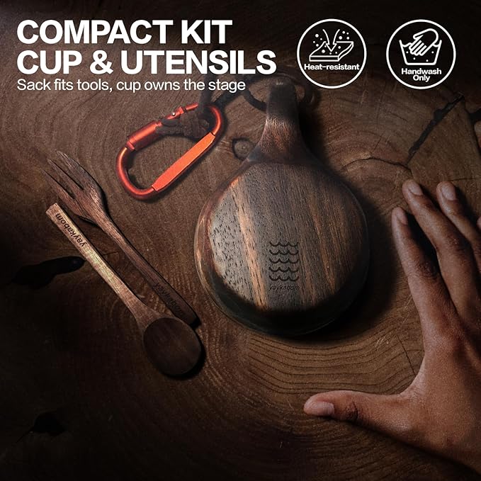 Nordic Kuksa 6oz (177ml) w/spoon &amp fork Handcrafted dark Wooden Camping Cup Set – Bushcraft Gear. Crafted from dark natural hardwood for a rugged look. Wilds-to-Home Ready ! Adventure Totem！