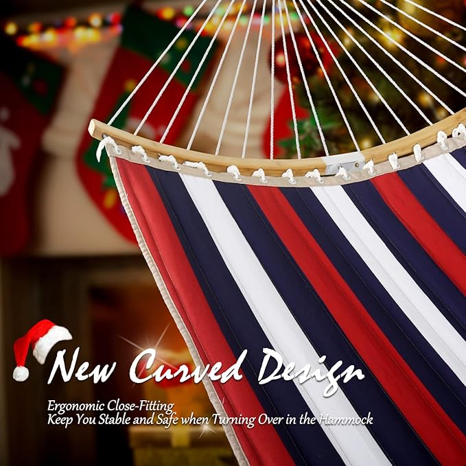 Double Hammock 11 FT Quilted Fabric 2 Person Hammock for Outside with Pillow Folding Curved Spreader Bar Chains Carrying Bag Indoor Outdoor 450 IB Capacity Trinidad Red