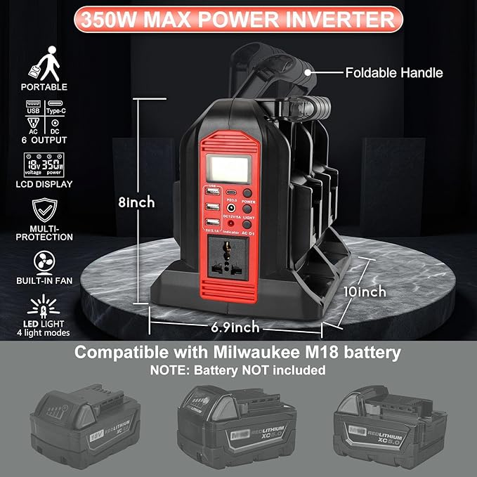DC 18V to AC 120V Power Inverter Compatible with Milwaukee M18 18V Battery 350W Pure Sine Wave Portable Power Inverter Converter with LCD Display and LED Light 4 Battery Port