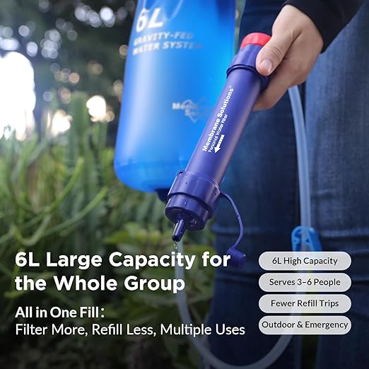 Membrane Solutions Gravity Water Filter Pro 6L NSF/ANSI 42&amp372&amp401 Certified 0.1 μm Versatile Water Purifier Camping with Adjustable Tree Strap Storage Bag Survival Gear for Emergency Prepa