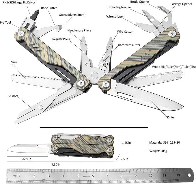 Multitool 20-in-1 Full-Size Lightweight EDC Multi-Purpose Pliers Camping Knives &amp Tools Tactical Outdoor Gear Mens Gifts Ideas Gifts for Hunters Men who have Everything (Green Camouflage)