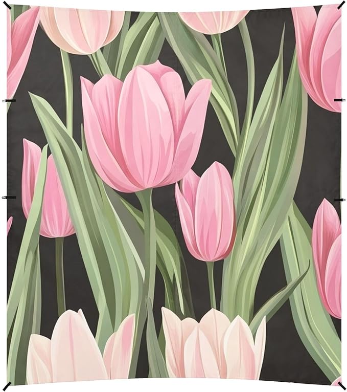 ALAZA Pink Tulips on Black Beach Tent Sun Shelter Portable Canopy Sunshade for Outdoor Camping Picnics Backyard Fun 10x9 ft
