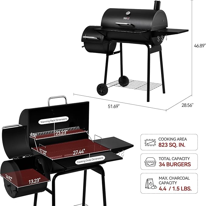 Royal Gourmet CC1830SC Charcoal Grill Offset Smoker with Cover 823 Square Inches Black Perfect for Backyard Cooking Outdoor Camping