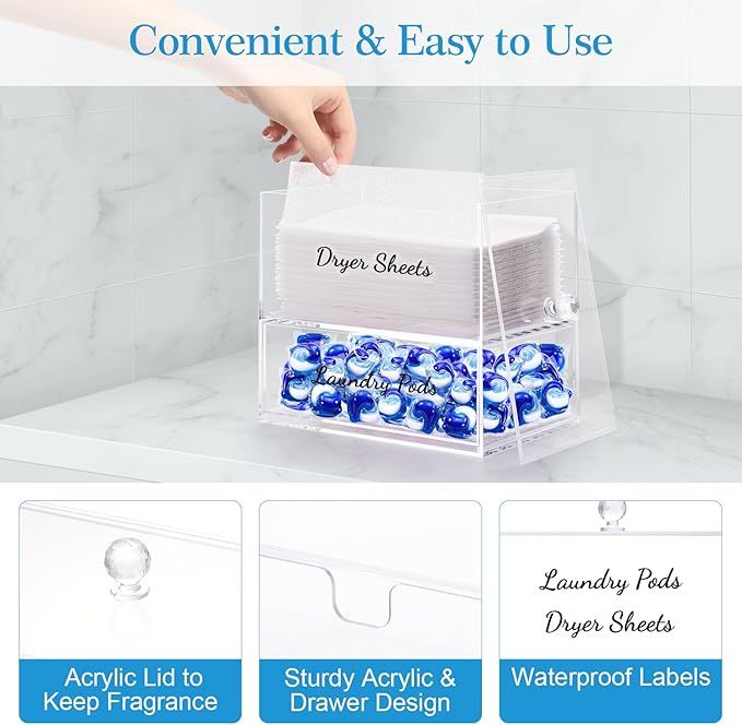JYPS 1+1 Acrylic Dryer Sheet Holder with Drawer and Bamboo Lid Clear Acrylic Large-Capacity Laundry Pods Container Scent Boosters &amp Powder Laundry Room Organization decor Storage Jars Set