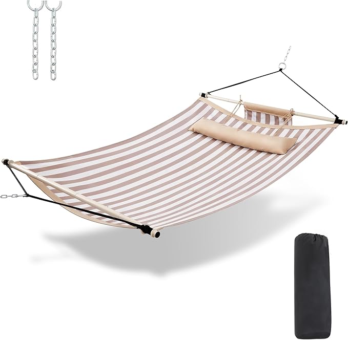 TegerDeger Anti-flip 12FT Hammock Large Hammock 450LB Capacity with Iron Spreader Bar &amp Nylon Rope for Outside Patio Garden Backyard Beach - Beige Strips