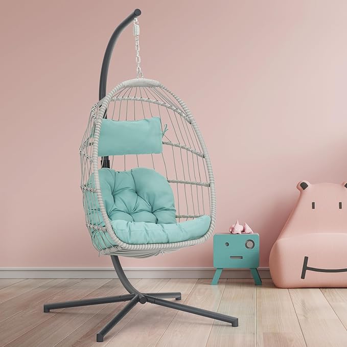 Brafab Egg Chair with Stand Indoor Outdoor Swing Egg Chair Patio Wicker Hanging Chair with Stand Hammock Egg Chairs with UV Resistant Cushion and Aluminum Frame for Bedroom Balcony Garden Light Blue