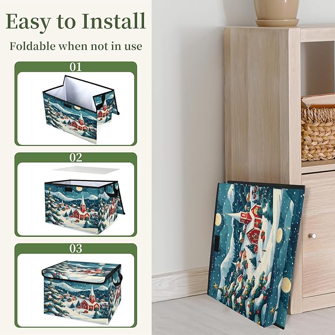 Christmas Xmas Storage Basket with Lid Winter Village Foldable Storage Box Fabric Storage Bins with Carrying Handles for Home Bedroom Closet Organization