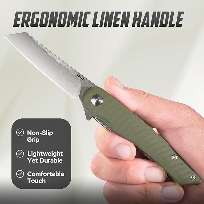 Folding Pocket Knife with Leather Sheath 2.79” 14C28N Steel Blade Micarta Handle Flipper Liner Lock Small EDC Folding Knife Sharp Camping Hunting Outdoor Survival Knives for Men Women (Green)