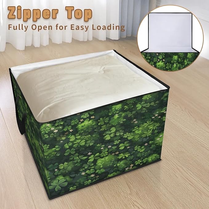 XL Large Clothes Storage with Lid Handle Shamrock Clover Large Thick Clothes Blanket Storage Containers for Organizing Bedroom Closet Comforter Organization Storage St. Patrick's Day