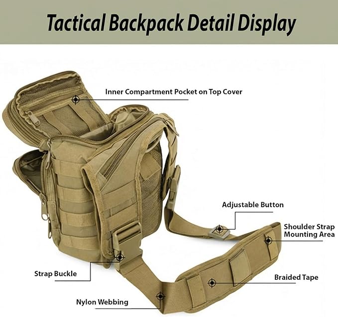 Tactical Backpack for MenMilitary Sport Bag Pack Sling Shoulder Backpack Tactical Crossbody Bag EDC Molle Assault Range Bag Chest Pack for Hiking Camping Outdoor - Khaki