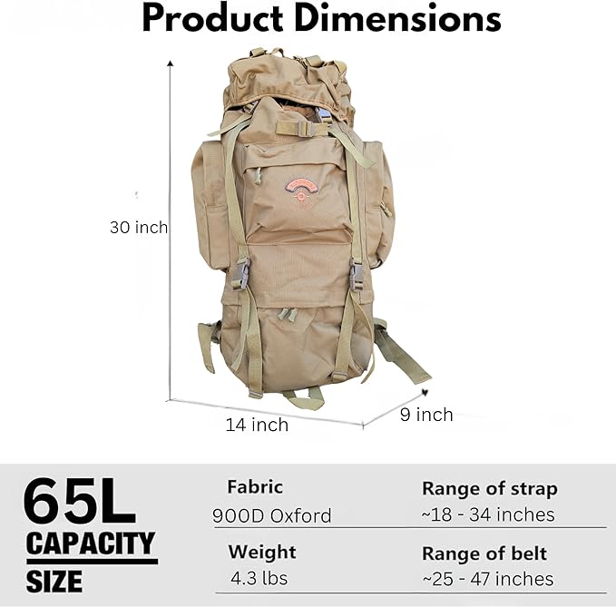 65L Military Backpack – 5DAY RECON Waterproof 900D Oxford Rucksack MOLLE System Heavy Duty Outdoor Bag for Hiking Travel &amp Hunting (Tan)