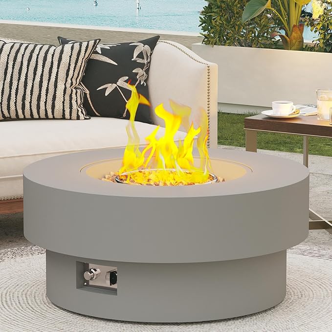 32.5 Inch Propane Fire Pit Table 50000 BTU Round Patio Fire Pit Table Outdoor CSA Certified Stainless Burner with Steel Lid Waterproof Cover &amp Lava Rocks for Garden Backyard Gray