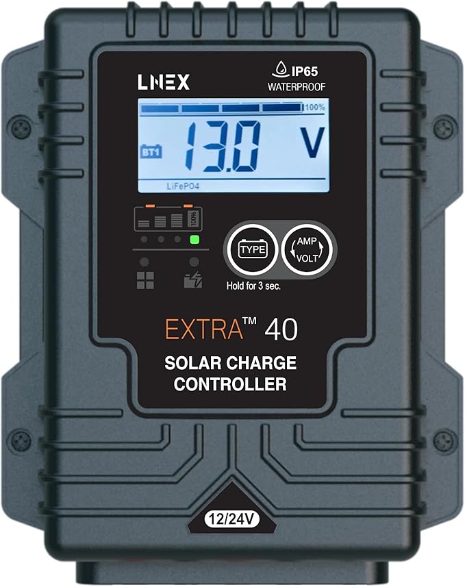 LNEX Solar Charge Controller Waterproof 40A Solar Panel Regulator with Temp SensorBacklit LCD 12V/24V PWM Solar Controller for LiFePO4AGM Gel Flooded and Lithium Battery