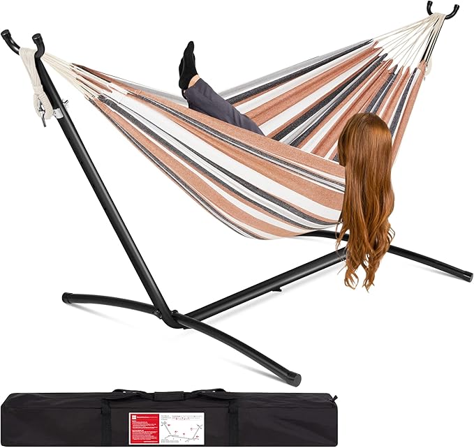 Best Choice Products Double Hammock with Steel Stand Indoor Outdoor Brazilian-Style Cotton Bed w/Carrying Bag 2-Person Capacity - Desert Stripes