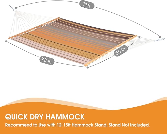 Lazy Daze Hammocks Quick Dry Hammock with Spreader Bar Textliene Fabric Double 2 Person Hammock with Chains Outdoor Patio Poolside Backyard Beach 450 lbs Capacity Coffee Stripes