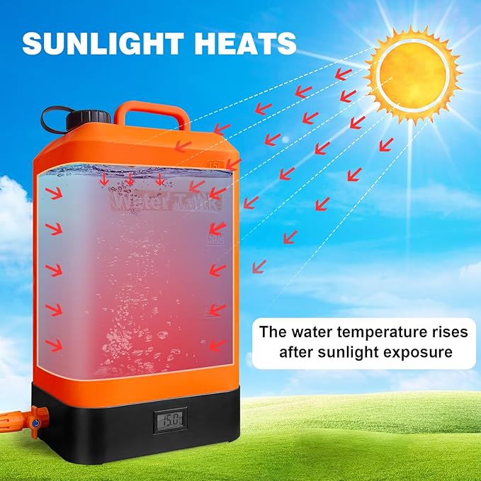 B. TAWD 4.5 Gallon Silicone Water Tank Portable Camping Shower USB Battery Charging Solar Heating with Shower Head Electric Portable Outdoor Shower Built-in Thermometer Beach Camping Hiking