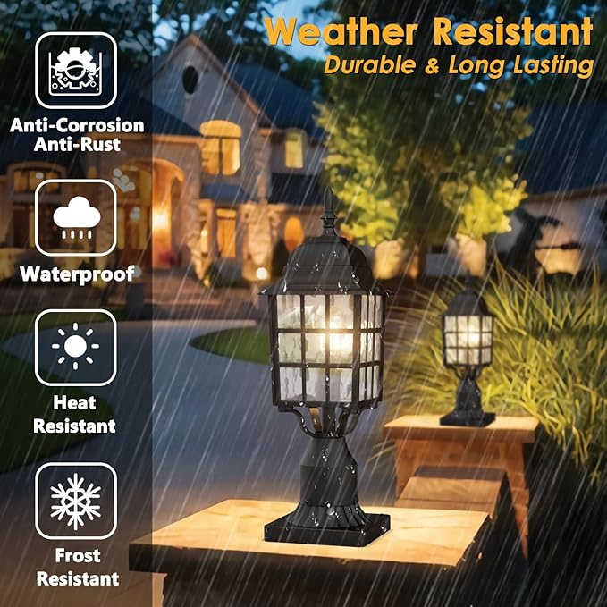 Outdoor Post Light 2-Pack Exterior Lamp Post Light Fixture with Pier Mount Base Exterior Pole Lantern Light Black with Water Ripple Glass