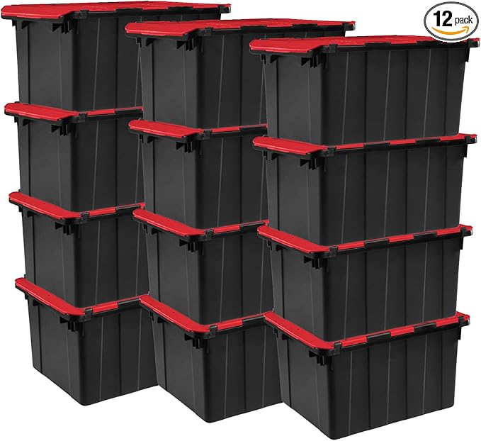 Sterilite 12-Pack 12 Gallon Hinged Lid Industrial Tote Heavy-Duty Plastic Organizer - Stackable Multipurpose Home Storage Bins with Contoured Handles for Garage Basement or Attic Organization