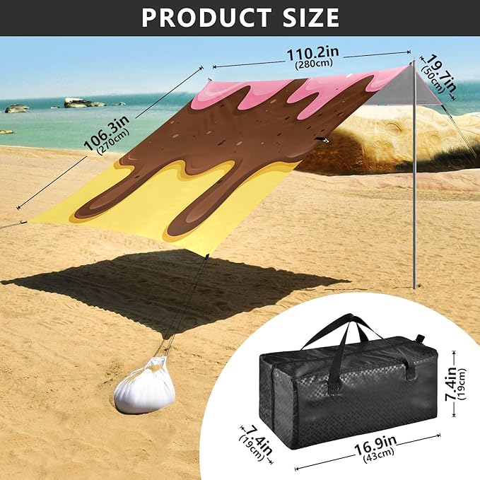 ALAZA Cute Ice Cream Beach Tent Sun Shelter Portable Canopy Sunshade for Outdoor Camping Picnics Backyard Fun 10x9 ft