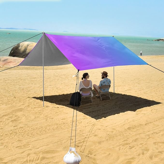 Blue Purple Gradient Beach Tent &amp Canopy UPF50+ Protection Waterproof Large Portable Sun Shelter with Sandbags and Shovel for Camping Picnics Backyard &amp Fishing