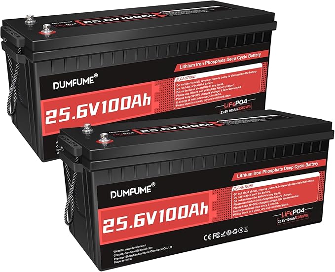 2 Pack Dumfume 24V 100Ah LiFePO4 Lithium Battery 100A BMS2560WH Rechargeable Lithium Iron Phosphate Battery Perfect for RV Solar Off-Grid Camping Home Backup