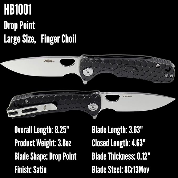 Honey Badger Large Pocket Knife EDC Drop Point Folding Utility Knife 3.6 Steel Blade Reversible Pocket Clip - (3.8oz) Drop Point Large Black HB1001