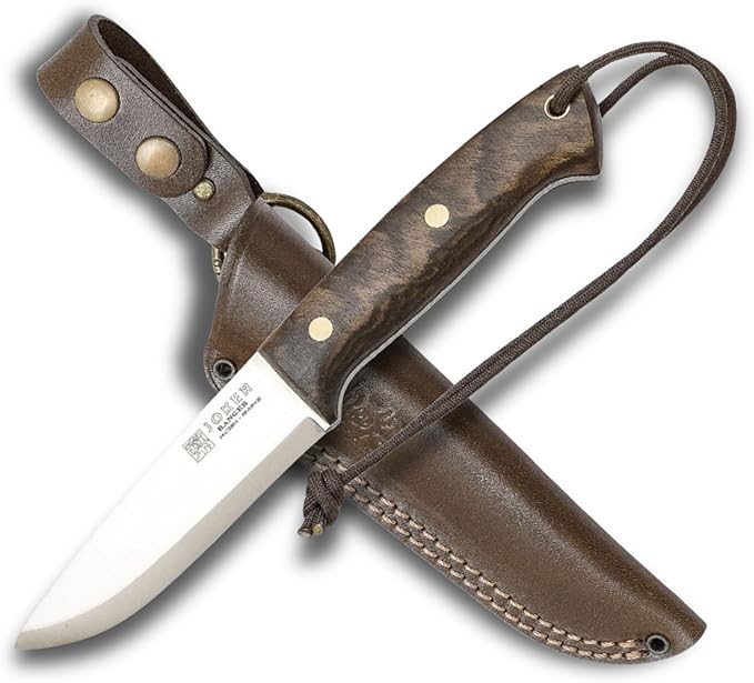Joker Ranger CN143-P Hunting Knife – 4.3 Sandvik 14C28N Blade Walnut Wood Handle Brown Leather Sheath with Firestarter – Ideal for Camping Hiking Fishing and Outdoor Survival