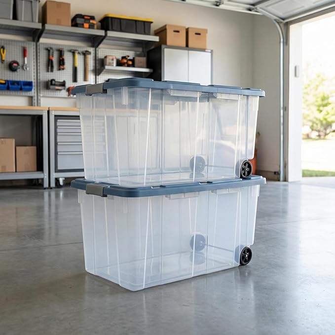 2 Pieces160 Quarts of Wheeled Storage Boxes Super Large Durable Transparent Boxes with Lock Covers and Handles Suitable for Moving Garage and Tool Room Storage (Blue and Clear)