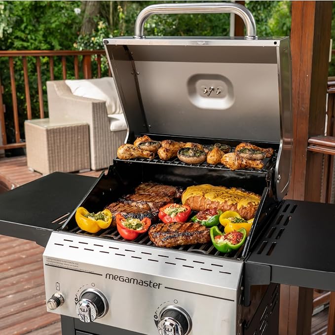 Megamaster Deluxe 2-Burner Gas Grill with Foldable Side Tables 418 SQ In Cooking Space 28000 BTUs Stainless Steel Lid Propane BBQ Grill for Outdoor Cooking Patios Backyards and More - 720-0864MA